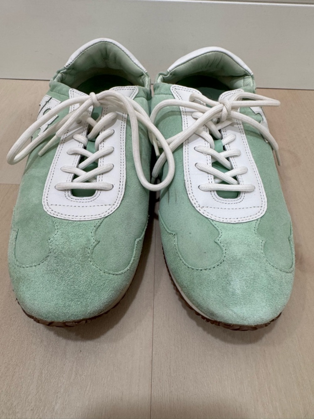 Tory Burch Mint Green White Suede Leather Logo Sneakers Women's 9.5 - Picture 5 of 15